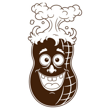 Cartoon peanut character with a happy face and steam exploding from its head, brown line isolated on a white background