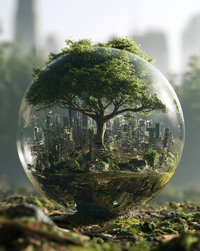 Global economic outlook tree city glass sphere nature urban sustainability tree inside glass sphere over miniature city suggesting global economic outlook and sustainable urban future with green