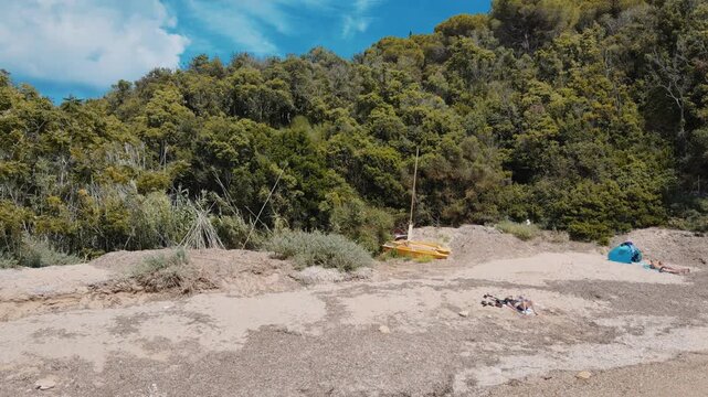 Elba Island Beach in summer season, Italy. Aerial view from drone. Slow motion