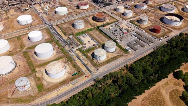 Aerial View of Oil and Gas Storage Silos at Large Petrochemical Refinery on UK South Coast