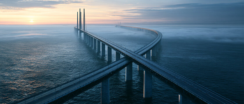 Bridge ocean sunrise fog highway coastline global economic outlook across curved sea crossing with tall pylon and calm water under pastel sky near distant horizon