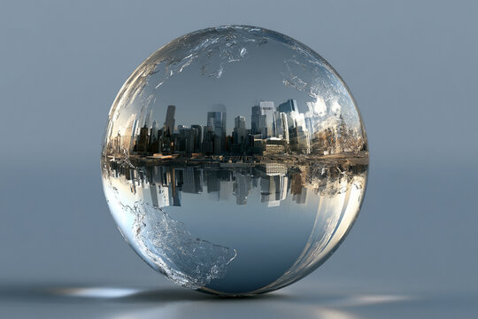 Global economic outlook glass sphere city skyline reflection finance concept