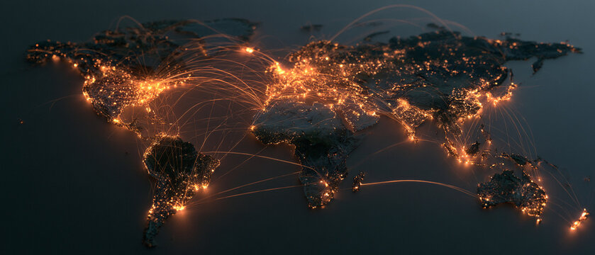 Global economic outlook world map connection data network light continent technology international communication trade finance business digital geography earth night route line glow city market