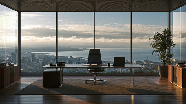 Global economic outlook office window skyline desk chair harbor interior modern executive office with panoramic city and water view at sunrise for calm business planning