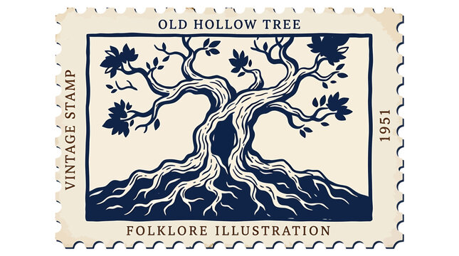 Vintage style postage stamp with old hollow tree folklore illustration in blue and beige