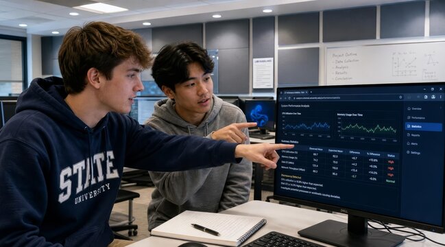 College students reviewing data charts on computer monitor
