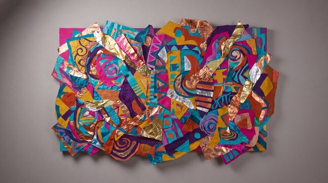 vibrant abstract design, a vibrant maximalist abstract composition with clashing patterns and metallic accents