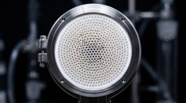 A close-up view of a circular ceramic membrane filter module used for industrial liquid filtration.