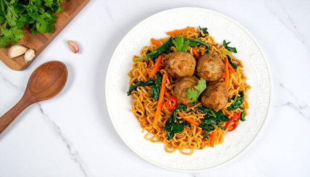 Stir fried noodles with meatballs, vegetables and chili on white plate. Asian mie goreng on marble table with wooden spoon. Top view food photo.
