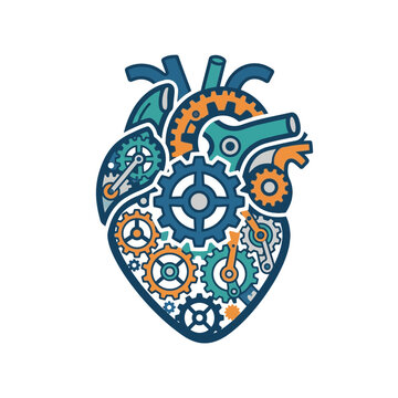 A stylized illustration of a mechanical heart made of gears