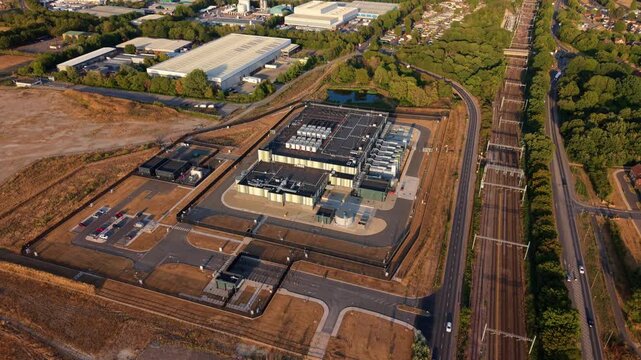 Aerial view of hyperscale data centre campus on former power station site in Didcot UK