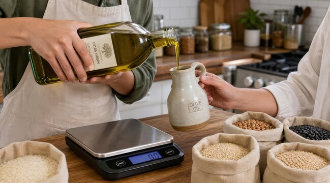 Pouring Olive Oil into Ceramic Cruet during Meal Prep
