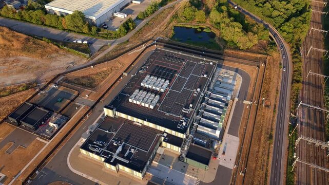 Aerial view of hyperscale data centre campus on former power station site in Didcot UK