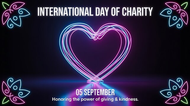  International day of charity with glowing heart symbol and decorative floral elements
