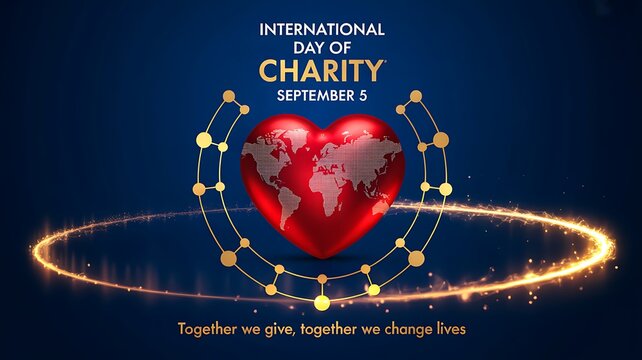 International day of charity with glowing heart and global humanitarian giving concept