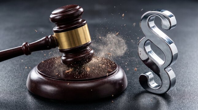 Legal Gavel Striking Block Beside Metallic Paragraph Symbol Representing Law and Justice