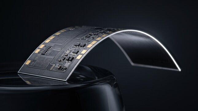 A flexible electronic circuit board rests on a dark surface with soft rim lighting for a tech look.