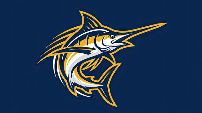 Stylized marlin fish mascot jumping on blue background.