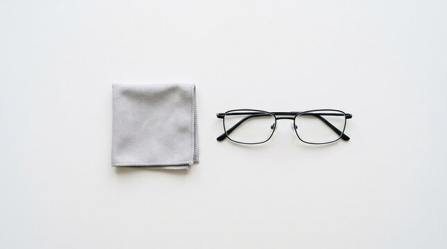 Modern black eyeglasses alongside a grey microfiber cleaning cloth on a clean white surface.