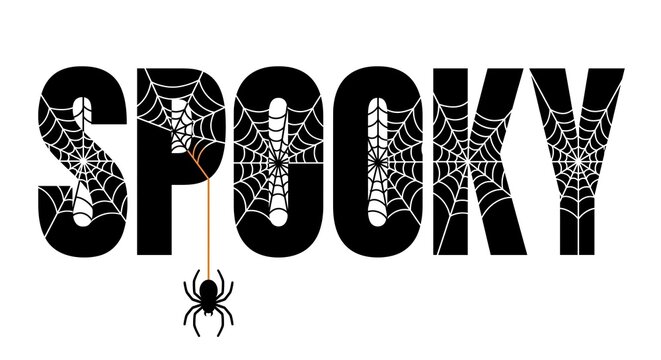 Spooky Word With Cobwebs And Spider Dangling On String
