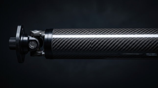 A high-performance carbon fiber driveshaft featuring a metal universal joint on a dark background.