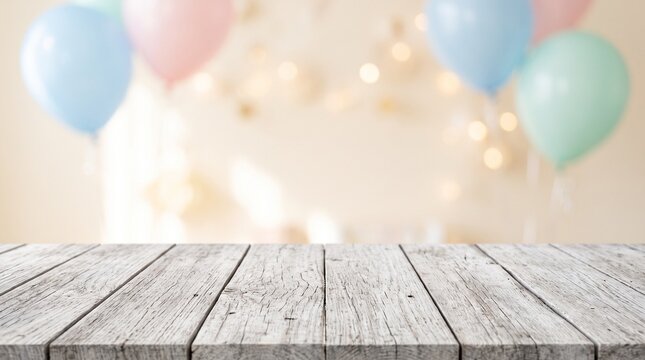 Wooden Table with Blurred Party Balloons Background