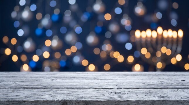 Festive Bokeh Background with Wooden Table Surface and Menorah