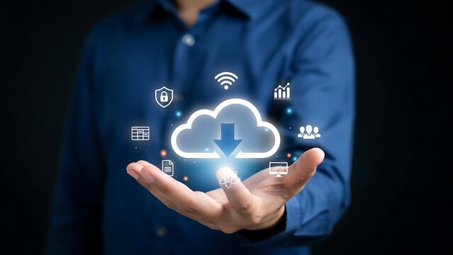 A person in a dark shirt holding a glowing digital cloud icon with download arrow and floating network symbols