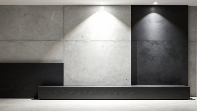 Modern minimalist interior concrete wall with black panels and lighting