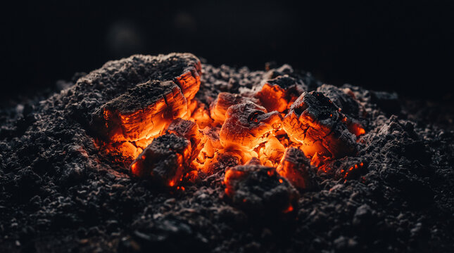 Glowing hot coals and burning embers in a dark fireplace.