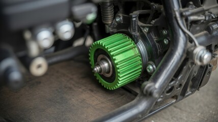 Fototapeta premium Close-up of a green gear component in a mechanical engine assembly