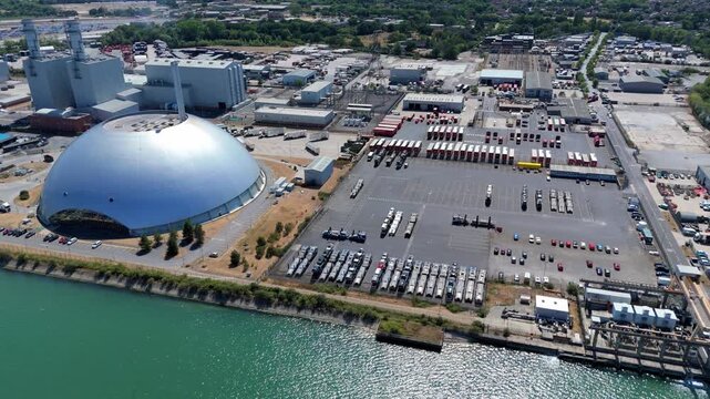 Thermal Power Station and Geodesic Energy Dome on the Coast, Aerial Drone View