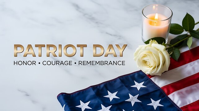 Patriot day remembrance with american flag white rose and candle on marble background