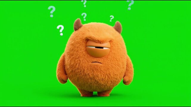 Cute orange fluffy one eyed cyclops monster scratching head confused on green screen.