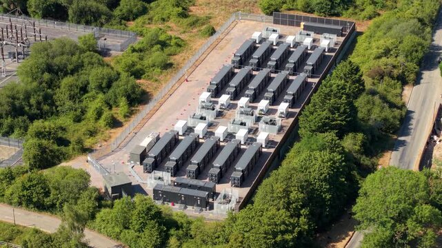 Close Up Aerial View of BESS Battery Energy Storage System with LFP Cells for Grid Resilience and Energy Security