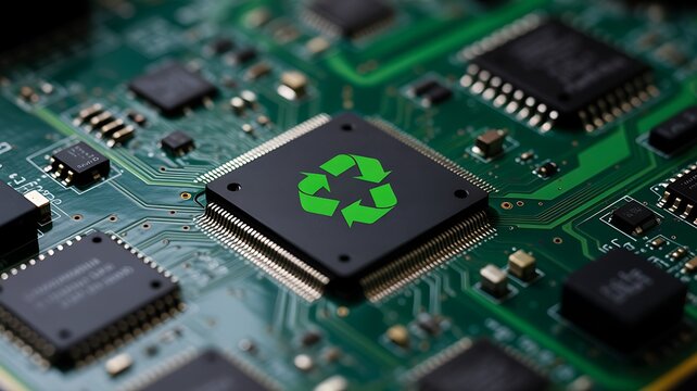 Recycling symbol on computer processor chip surrounded by electronic circuit components