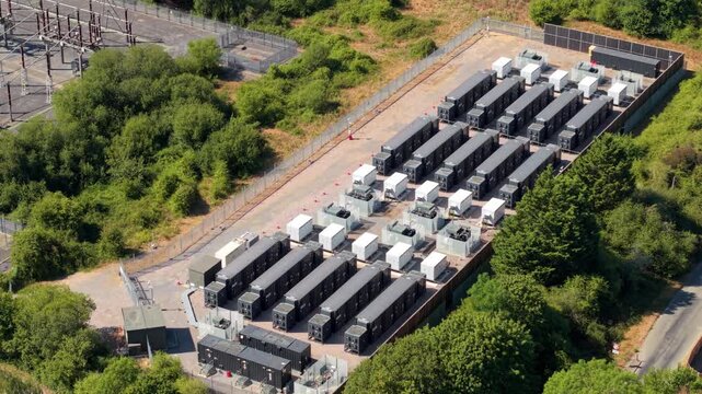 Close Up Aerial View of BESS Battery Energy Storage System with LFP Cells for Grid Resilience and Energy Security