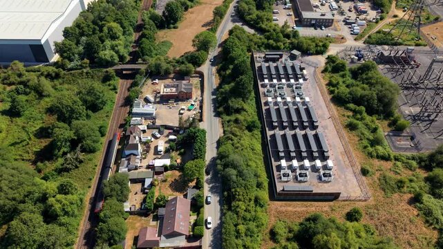Aerial view of 400kV electrical substation and co-located battery energy storage system in Nursling UK
