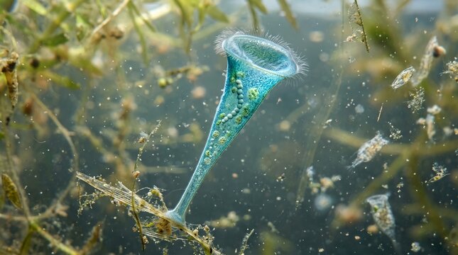 Microscopic Stentor Ciliate Protozoa Organism Floating in Freshwater Aquatic Environment Under Scientific Magnification