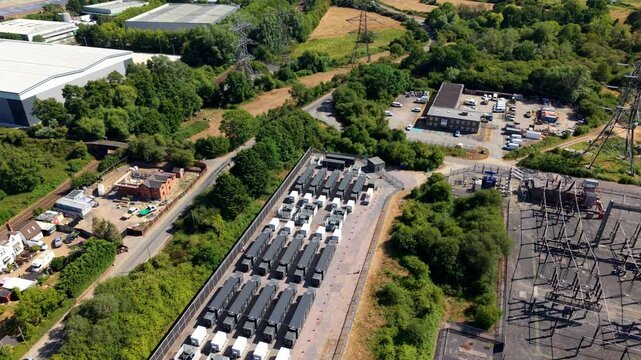 Aerial view of 400kV electrical substation and co-located battery energy storage system in Nursling UK
