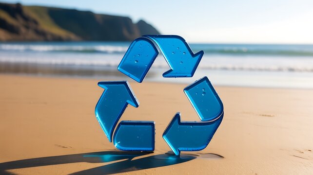Recycling symbol on sandy beach promoting environmental conservation and sustainable waste management