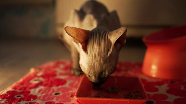 Adorable hairless sphynx cat with wrinkled skin and big ears eagerly eating wet pet food from a red plastic bowl placed on a floral rug during a quiet evening at home
