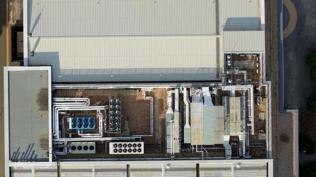 Top Down Aerial View of HVAC Ventilation and Rooftop Cooling Units at Science Park in Oxfordshire