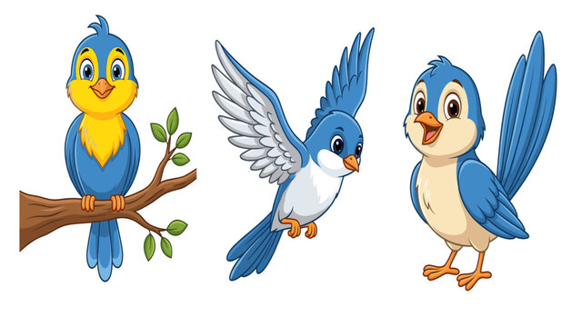Cute Blue Bird Cartoon Set - Bird on Branch, Flying Bird, and Standing Bird, Vector Illustration