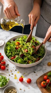 Couple preparing green salad on marble countertop