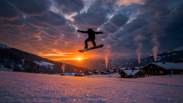Snowboarder jumping mid-air against a dramatic sunset sky. Snow-covered mountain village with alpine cabins nestled in a winter landscape. Adventure sports concept for winter tourism and lifestyle.