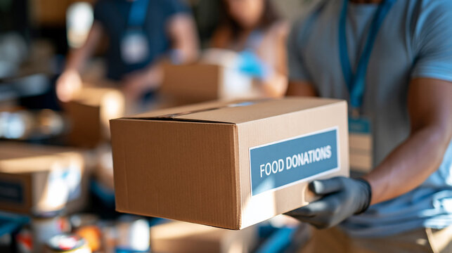 rear view of a male volunteer holding a box labeled food donations in a bright charity organization setting, back to camera, diverse colleagues preparing carton boxes behind him,