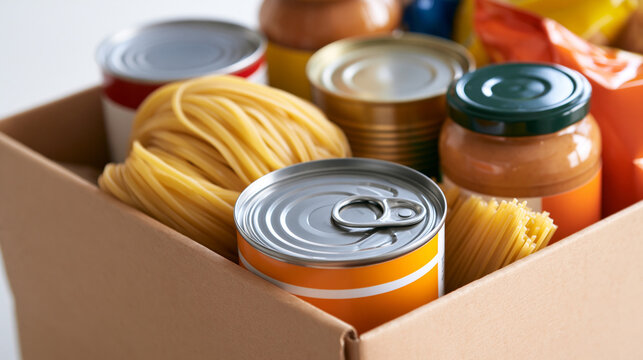 cardboard box packed with canned goods, pasta, noodles, peanut butter and snacks on a bright white background, food donation concept, pantry supplies, emergency preparedness,