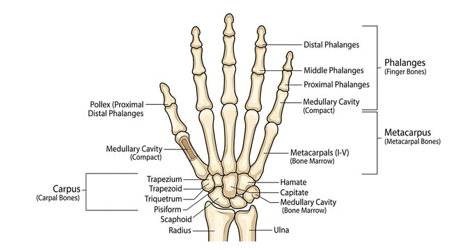 Detailed anatomical illustration of the human hand skeleton showing carpal, metacarpal, and phalange bones