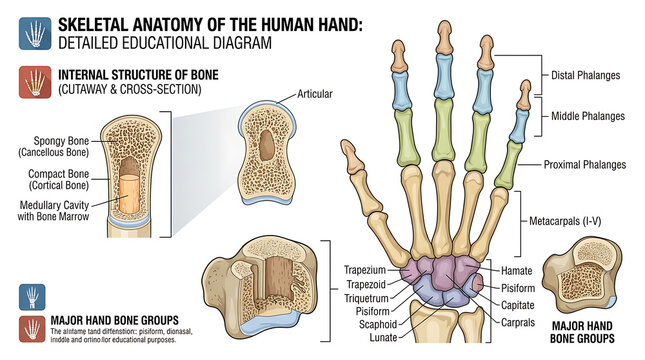 Detailed Anatomical Illustration of the Human Hand Skeleton and Internal Bone Structure for Educational Purposes